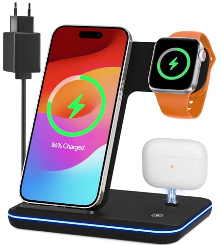 Induktive Ladestation für Apple Wireless Charger 3 in 1: Kabelloses Ladegerät für iP.Hone 17/16/15/14/13/12/11/Pro/Max/XS/XR/X/8/Plus, Apple Watch 2/3/4/5/6/7/8/9/10 und Air.Pods