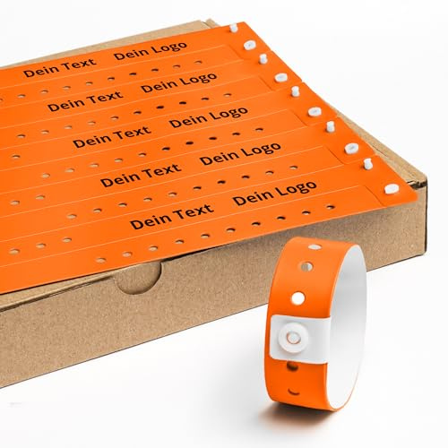 Personalisierbar Einlassbänder Vinyl 100 Stück - 19x255 mm Neonorange | Events und Party Eintrittsbänder mit Personalisierten Text/Logo - Wasserdicht Festival Armbänder - Club Bänder