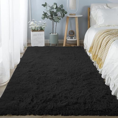XIEMINLE Tapis Salon Moelleux Chambre Tapis Soft Tapis à Poils Longs Tapis de Décoration Tapis Moderne Tapis Antidérapant pour Salon Chambre Filles Enfants Doux et Confortable Tapis (Noir,200x250cm)