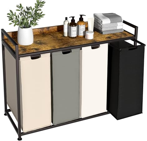 Herture Laundry Hamper with Shelf, Laundry Basket 4 Section, Laundry Sorter with Pull-Out Removable Large 4 Color Bags and Movable Wheels, Metal Frame, 4 x 15.87 Gallons (60L), Rustic Brown PF07XLN