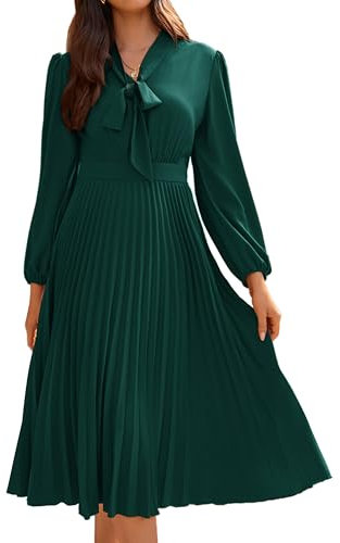 GRACE KARIN Long Sleeve Tea Dress for Women A Line V Neck Pleated Dress for Wedding Guest Party Dark Green 44