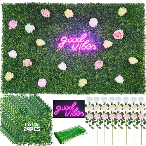 Rossesay Juego de 49 paneles de pared de césped artificial con letrero de neón rosa de 10 x 10 pulgadas, paneles de pared de seto de boj con rosas artificiales, telón de fondo de pared para jardín,