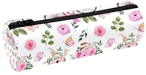 VAPOKF Federmäppchen mit rosa Blumen, Fahrrad und Schmetterlinge, Leder, Stifteetui, Münzbörse, Kosmetiktasche, Make-up-Tasche für Studenten, Schreibwaren, Schule, Büro, Aufbewahrung, multi,