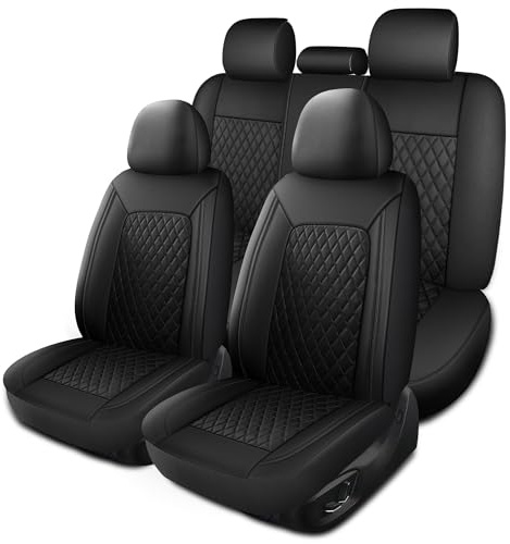 HChengkikz Leather Car Seat Covers, Breathable and Waterproof Seat Cover Full Set, PU Premium Universal Fit Automotive Airbag Compatible for Cars Sedans SUVs Vans and Trucks (Full Seat, Black, N1)