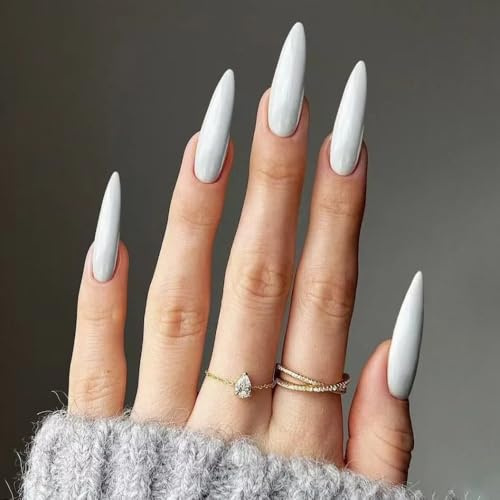 Ztcily Faux Ongles Amande Long Blanc Femmes | Faux Ongles Blanc Ovale avec Colle | Accessoire ou Idée Cadeau Noël Nouvel An Saint Valentin Mariage