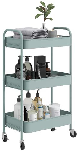 HOMCOM Desserte Chariot de Rangement en Acier Chariot de Service à roulettes 3 Niveaux Plateaux ajourés - 45 x 30,6 x 79 cm - Bleu Clair