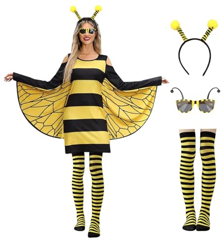 Dam Carnival Klänning 4 Stycken Bee Kostym, Gul Carnival Apedsuit Klänning Vuxen Lång Flickkjol, Pannband, Hår Strumpor Över Knä Bee Glasögon För Cosplay Party (S)