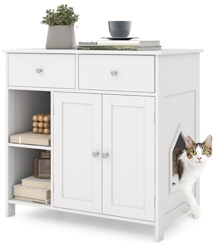 GOPLUS Casa de Aseo para Gatos con 2 Cajones, Puertas Dobles, Estantes Abiertos, Mueble para Arena con Dispositivos Antivuelco, Armario para Arena para Sala, Entrada, Pasillo