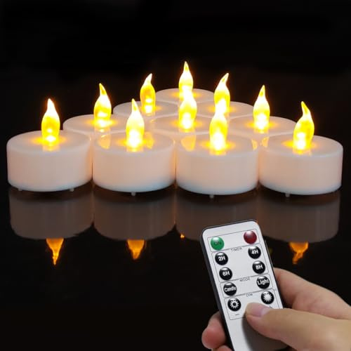 HONGJINGCHEN 12 x ferngesteuerte Teelichter, Timer-Kerzen, flackernde, flammenlose, batteriebetriebene LED-Teelichter, Votivkerzen mit Fernbedienung, für Tischbeleuchtung, Tischdekoration