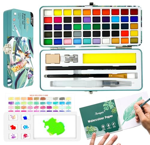 Aoriyar Aquarellfarben Set Wasserfarben 50 Farben - Metallic Aquarellkasten Gouache Malkasten mit Pinsel Palette Malen Aquarellpapier Stifte Aquarellfarbkasten Mini für Kinder Erwachsene Künstler