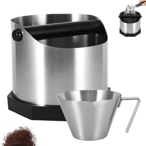 Coffee Knock Box - 1.6L Knock Box and Espresso Shot Measuring Cup, Coffee Grounds Knock Box with Removable Knock Bar and Non-Slip Base, Shock-Absorbent Espresso Knock Box Coffee Grounds Bin (Silver)