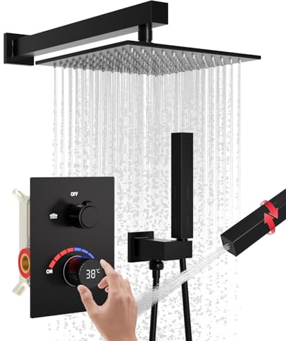 Temperature Display Shower System, Wall Mount 10 Inch Shower Head with 2 in 1 Handheld Shower Faucet Set, Matte Black