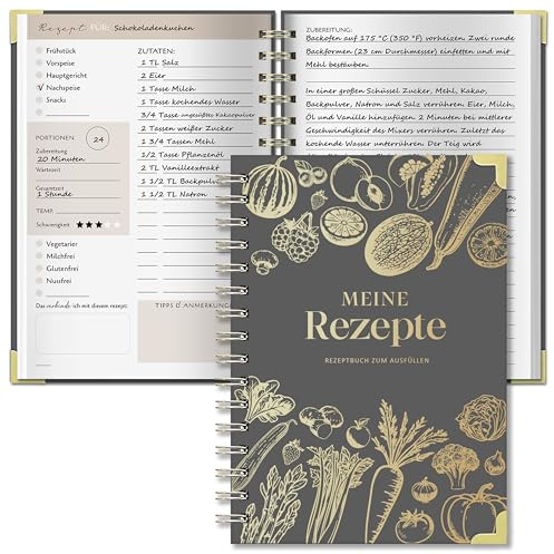 BIROYAL Rezeptbuch zum Selberschreiben A5, 120g Papier, Spiralbindung | Eigenes Kochbuch mit Umrechnungstabelle & Inhaltsverzeichnis, Platz für 100 Rezepte, Doppelseite pro Rezept, für Hobbyköche