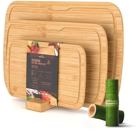 KitchenBoss 100% Bambú Tabla de Cortar：Juego de 3 Tabla Madera Cocina Grande y Pequeña 25x16cm/33x20cm/38x25cm, Tabla Cortar Madera para Carne, Verduras y Pan