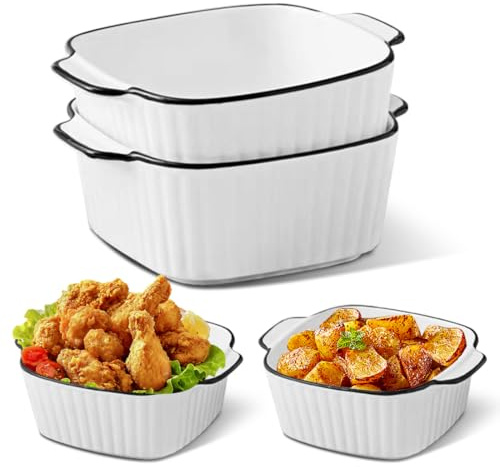 Lot de 4 plats à gratin en céramique, 14,5 x 11,5 x 5,5 cm, carrés, empilables, avec poignées, 400 ml, petits moules en céramique pour friteuse, four et micro-ondes, blanc