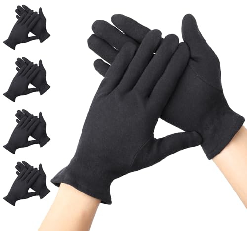 Segbeauty Gants Coton Dermatologique, 4 Paires Gants Hydratants Noir, avec Bracelet Élastique, Lavable et Respirant, pour Eczema, Mains Sèches, Inspection de Bijoux (M)