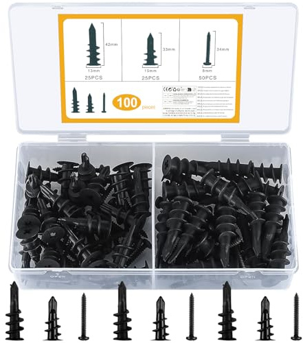 Chevilles à placo avec vis, chevilles isolantes, 100 pièces chevilles en plastique pour plaques de plâtre avec vis à tête fraisée pour fixation de plaques de plâtre, panneaux de fibres de plâtre