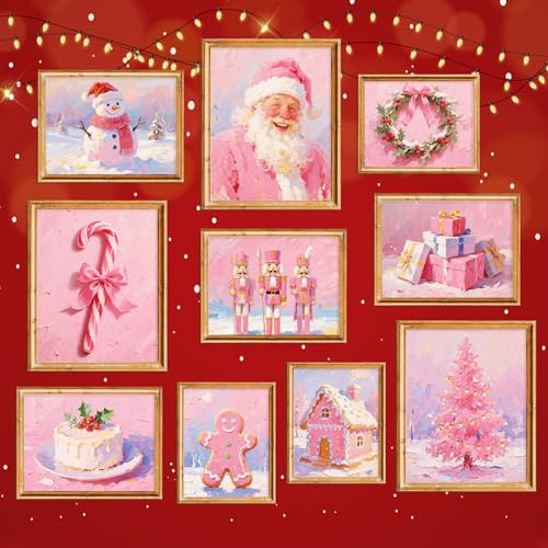 Whaline 10 stampe artistiche da parete vintage di Natale, albero di Natale, Babbo Natale, schiaccianoci, pupazzo di neve, decorazione da parete retrò invernale per galleria, soggiorno, camera da letto