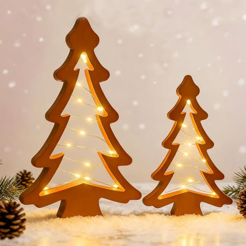 FUFRE Weihnachtsbaum Holz Braun mit LED Lichterkette, Weihnachtsdeko Holz Baum mit Timer, Leuchtender Weihnachtsbaum für Tischdeko Weihnachten Deko Innen Außen Fensterbank (C)