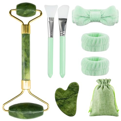 BORISCA Juego de Rodillo Cara Masaje y Piedra Gua Sha Masajeador Facial Jade Elimina la Hinchazón y Proporciona Cuidados Antes de Dormir Regalos Guasha Facial Jade para Familia, Amigos, Mantes (Verde)