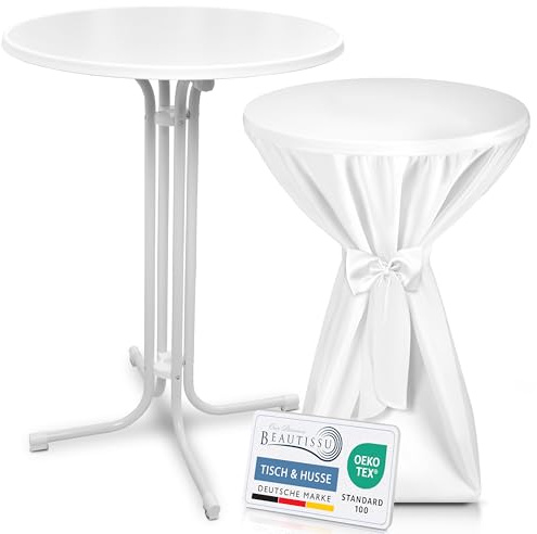 Beautissu Stehtisch klappbar mit Stehtischhusse & Schleifenband rund | 80cm Weißer Tisch Husse Weiß wetterbeständig Outdoor Bistrotisch kratzfest UV-beständig rutschfest waschbar Premium Bellini