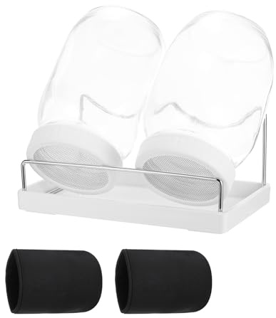 QUARKZMAN Ribbstålsglas – 2 stycken 1 000 ml grodd glas inkl. 2 fodral, 1 hållare, 1 bricka, 1 borste – för ribbor, krasse och mikrogreens – vit