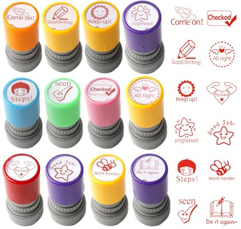 XHYASD 12 Stück Selbstfärbende Lehrerstempel, positive Motivationsstempel, Lob und Belohnungsstempel Set zur Bewertung, Lustige Cartoon Stempel für Schule und Hausaufgaben, Englische Version