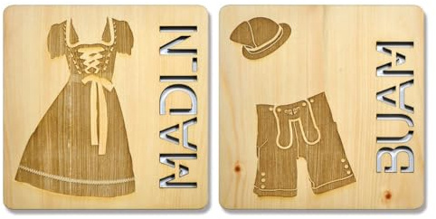 Bayerische Toilettenschilder Madln & Buam aus Holz – WC Schilder mit Dirndl & Lederhosn Gravur, rustikale Türschilder 2er Set, Handmade