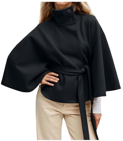 Generisch Ponchos à manches chauve-souris - Manteau - Col montant - Ceinture - Capes - Veste d'hiver cropped Overcoat, Noir , XXL