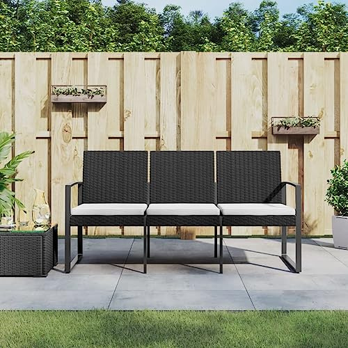 IBUQDDV 3-Sitzer Gartenbank mit Kissen Schwarz PP-Rattan für Terrasse und Außenbereich, Langlebige Polyrattan Sitzgruppe mit Stahlrahmen und Polsterung, Wetterfeste Gartenmöbel