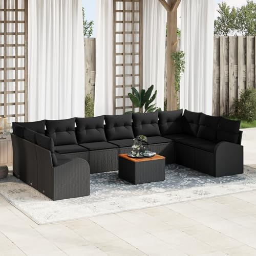 RMIHSJG 11-teiliges Garten Sofa Set mit Kissen Schwarz Poly Rattan Akazie, 8 Personen Sitzgruppe für Terrasse Balkon, UV-beständige Outdoor Möbel mit abnehmbaren Bezügen,