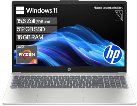 HP Laptop, 15,6 FHD, AMD Ryzen 5, 16GB RAM, 512GB SSD | Zuverlässiger Laptop für Alltag, Office, Homeoffice und Streaming mit Windows 11 – ohne Netzteil, QWERTZ, Jet Black