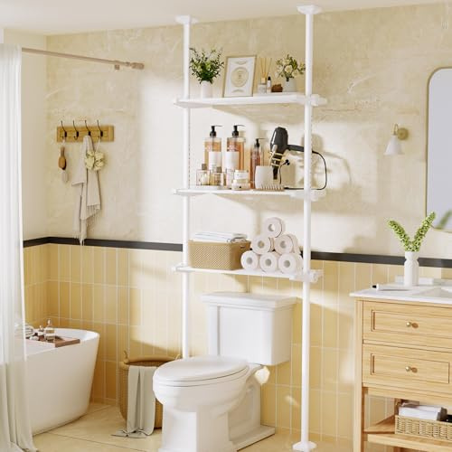 WELDUN Étagère de rangement au-dessus des toilettes, étagère de salle de bain à 3 niveaux pour espace étroit et petit, sans perçage, hauteur réglable de 122 à 315 cm et largeur de 49 à 79 cm, blanche