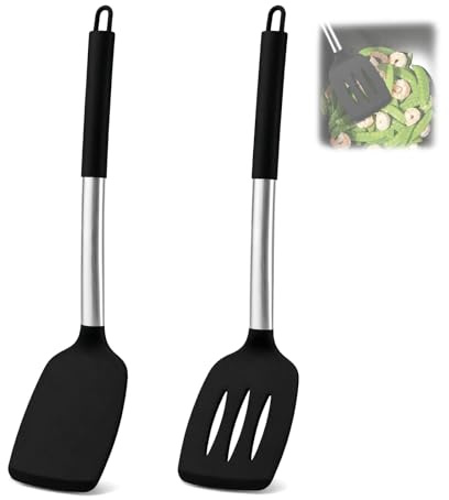 2-Piece Silicone Spatula Set, Heat Resistant Non-Stick Cooking Utensils, BPA Free Slotted & Solid Turner with Stainless Steel Core, Dishwasher Safe(Black)