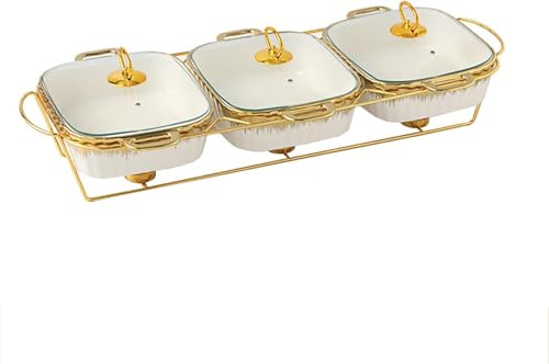 Commercial Round Chafing Dish 3 Pcs, Ceramic Dry Pot Food Warmer Set, Rectangular Buffet Chafing Dish Cookware With Lid, Wedding Hotel Catering Equipment White
