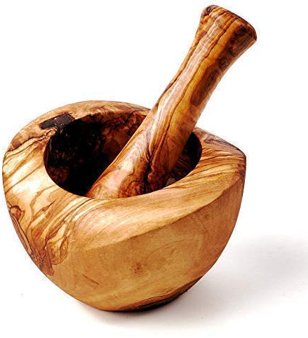 das Olivenholzbrett Mortero y Émbolo Forma Semicircular de Madera de Olivo - 18cm