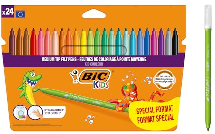 BIC Kids, Kid Couleur, waschbare Filzstifte für Kinder, ideal für Schulbedarf, robuste mittlere Spitze, leuchtende und intensive Farben, Box mit 24 Stück