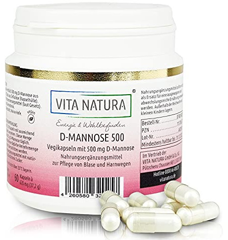 VITA NATURA D-Mannose 500 mg Vegikapseln - Gentechnikfrei - für Allergiker geeignet - Deutsche Apothekenqualität - 60 vegane Kapseln in einer Packung