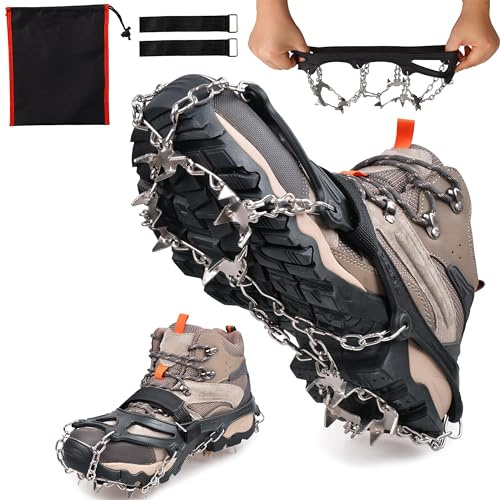 Steigeisen für Bergschuhe Winter Grödel für Wanderschuhe mit 19 Zähne Anti-Rutsch Schuhspikes Eisstollen Traktion Schneeschuhe Spikes Eiskrallen für Wandern Running Trail Trekking Winter Outdoor