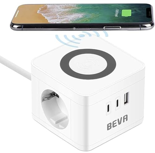 BEVA Steckdosenwürfel Cube mit 10W Wireless Ladefunktion,1.5M Kabel,Weiß