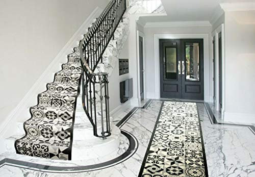 Bravich RugMasters Tiles Grey Rubber Backed Non Slip Machine Washable Very Long Hallway Hall Runner Narrow Rugs Custom Length Stair Mats 2'2x10'FT (66x305cm)