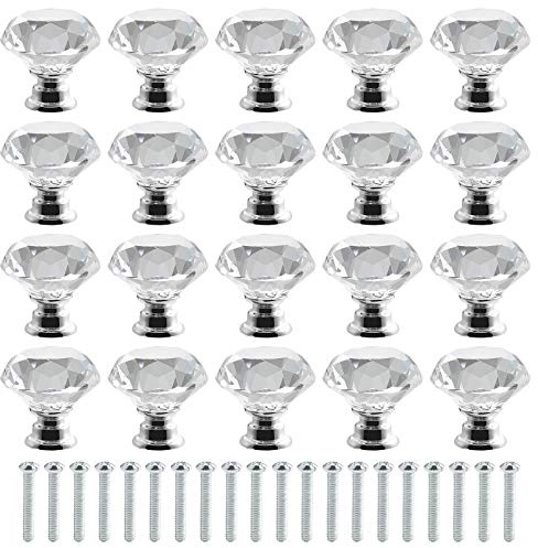 Roellgs 20 Stück 30 mm transparente Kristallglas-Diamant-Türgriffe mit Schrauben, High-End-Licht-Luxus-Griff für Kleiderschrank, Schrank, Schublade, Einlochgriff für Heimdekoration, 1