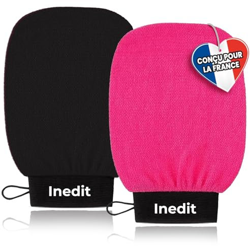 Gant Exfoliant Kessa - Gant De Crin - Gants Gommage Corps Et Visage - Nettoie Et Purifie En Profondeur Les Cellules Mortes, avec ou sans Savon Noir (Noir/Rose, standard)