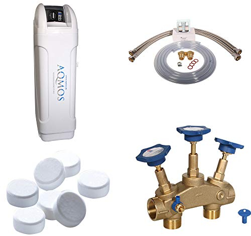 Hochwertige Aqmos BM-60 Wasserenthärtungsanlage im Set mit Montageblock und 100kg Regeneriesalztabletten, Wasserenthärtungsanlage für Haushalte bis zu 5 Personen, Entkalkungsanlage, Antikalkanlage