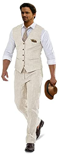 Furuyal Leinenanzüge für Herren, lässig, Hochzeit, 2-teilig, Anzüge für Trauzeugen, Smoking, Sommer, Strand, Abschlussball, Weste und Hose, Beige, M