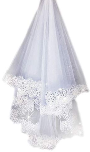 GUMEI Hochzeitsschleier 1,5 Mt 1 Schicht Frauen Braut Weiß Lange Hochzeit Tüll Schleier Glitzer Pailletten Bestickte Pflaumenblüten Rand Ehe Einfarbig Ohne Kamm