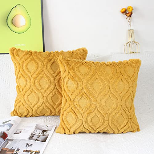 NIULAA Lot de 2 Housses Coussin 40x40 Jaune Velours Laine Housse de Coussin Peluche Decoratif Boho Brodée en Fausse Fourrure Coussin Carrée de Luxe pour Canape Salon