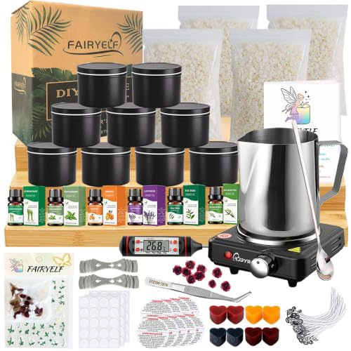 FAIRYELF Kerzenherstellungs-Kit für Erwachsene mit Sojawachs-Wachsschmelzer, komplettes Kerzenherstellungszubehör, DIY-Starter-Duftkerzenwachs-Kit, perfekt als Heimdekorationen