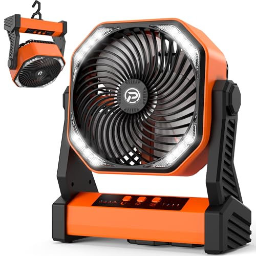 PANERGY Ventilador portátil de camping con luz, ventilador de exterior recargable de 20000 mAh, 4 velocidades, giro de 270° y gancho plegable de 360° para campamento/playa/patio