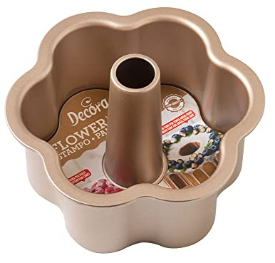 Decora, 0070108 Molde Gold Line Angel Food Ø 22 X 10 cm, Ideal para Preparar un Delicioso Angel Food, Molde con Base Plana Desmontable para Pasteles Clásicos en Forma de Flor, Metal Antiadherente